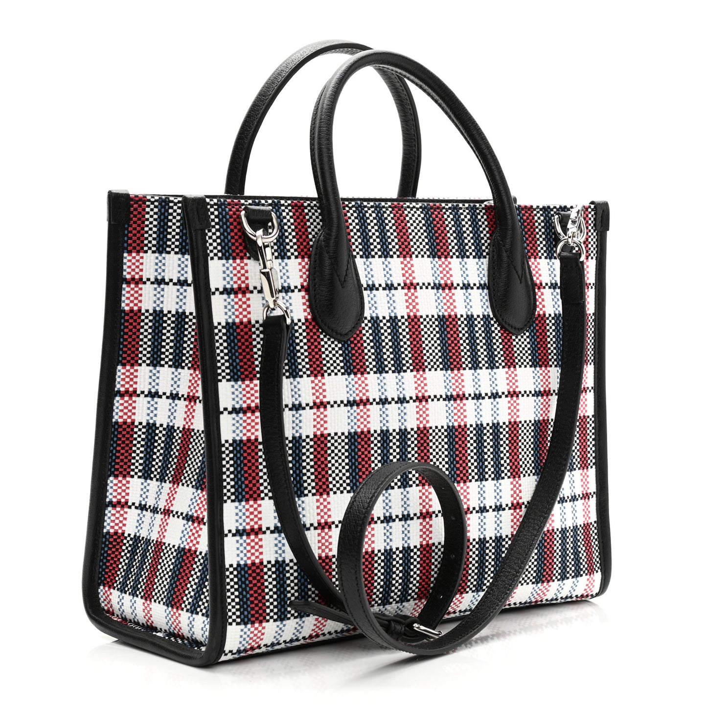 Canvas Plaid ICCUG Embroidered Small Tote Bag Black White Red Blue Smile Yellow