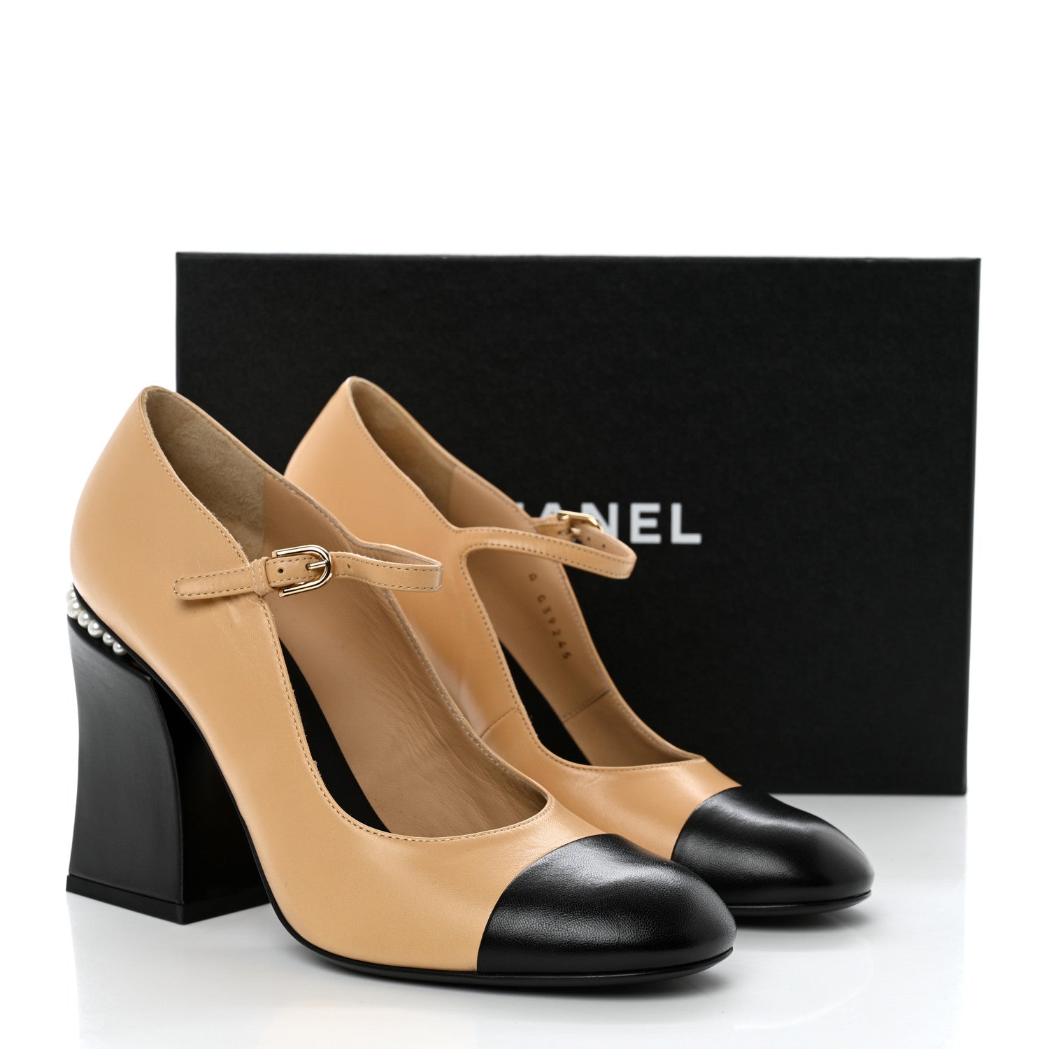 Chanel Shiny Goatskin Pearls Cap Toe Open Slingback Pumps 40 Beige Black 9 of 9