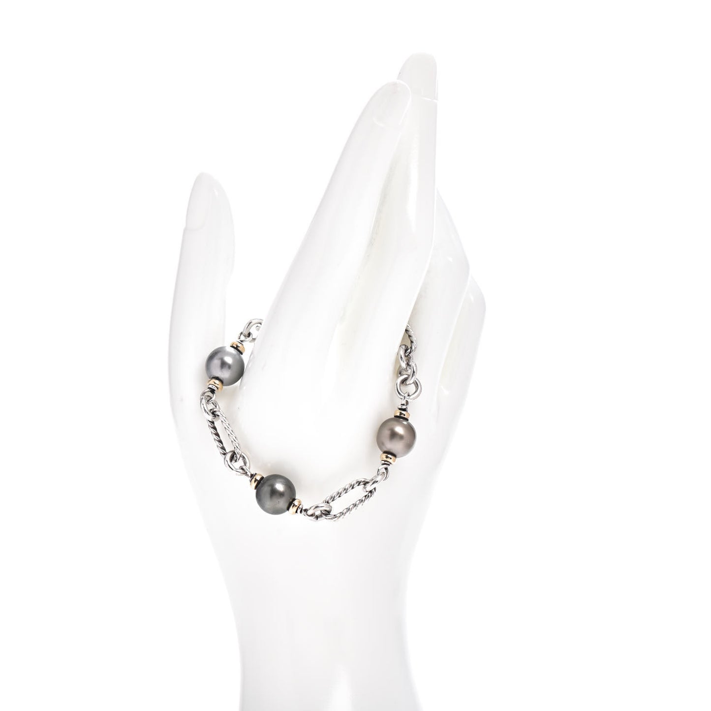 Sterling Silver 18K Yellow Gold Tahitian Pearl 10mm Figaro Bracelet