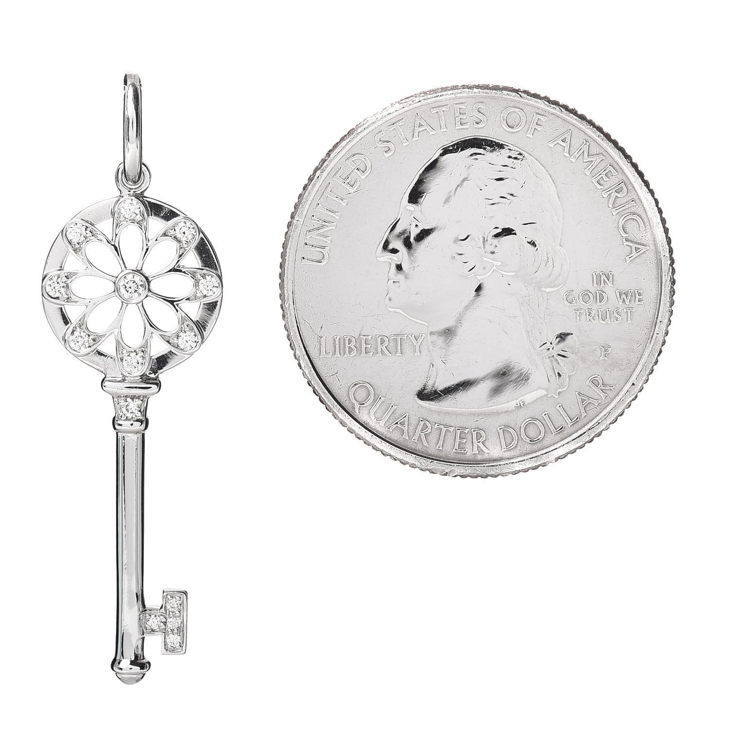18K White Gold Diamond Floral Key Pendant