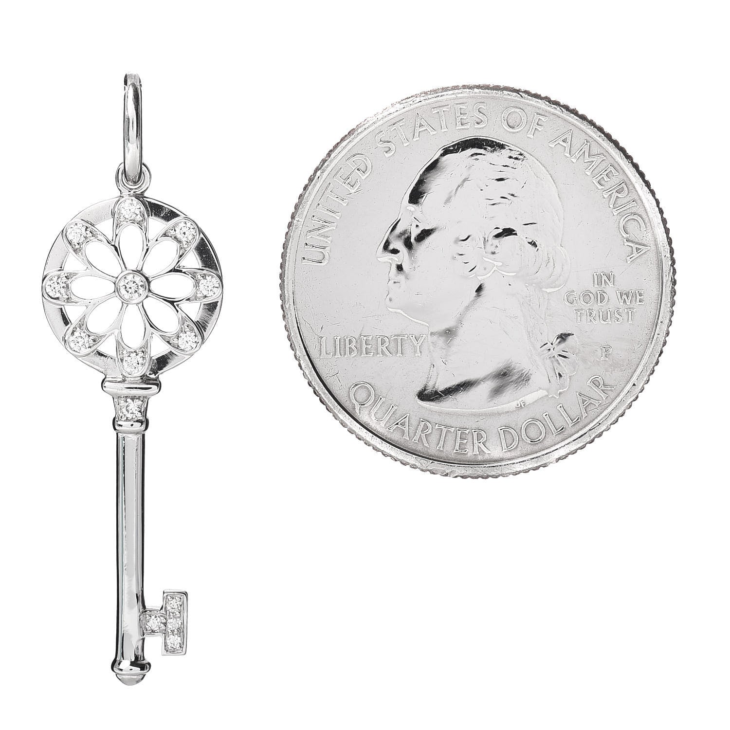 Tiffany 18K White Gold Diamond Floral Key Pendant 2 of 3