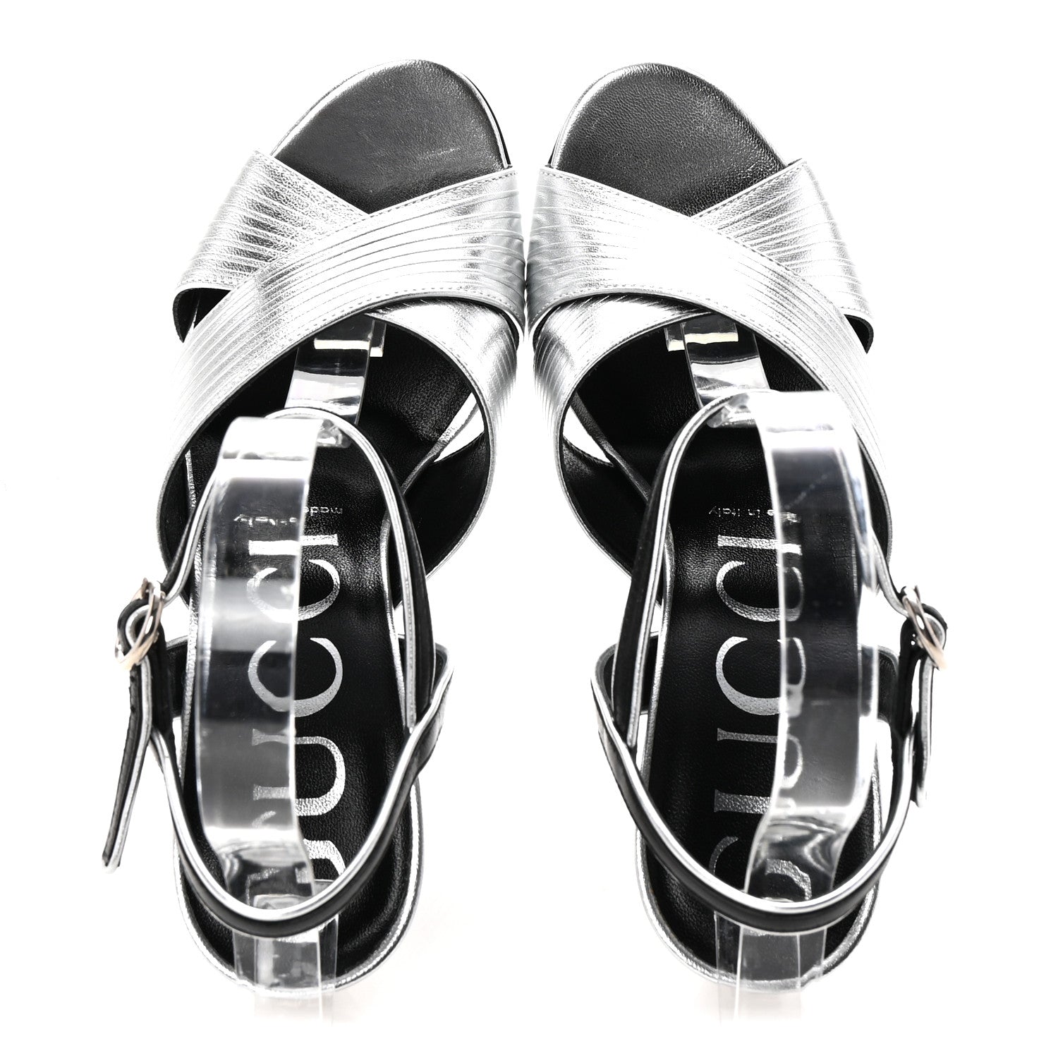 Gucci Malaga Kid Webby Crossover High Heel Sandals 37 Silver 2 of 10