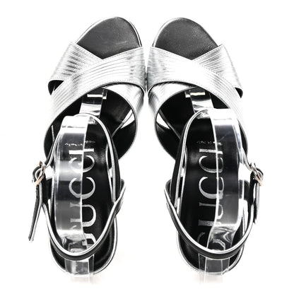 Gucci Malaga Kid Webby Crossover High Heel Sandals 37 Silver 2 of 10