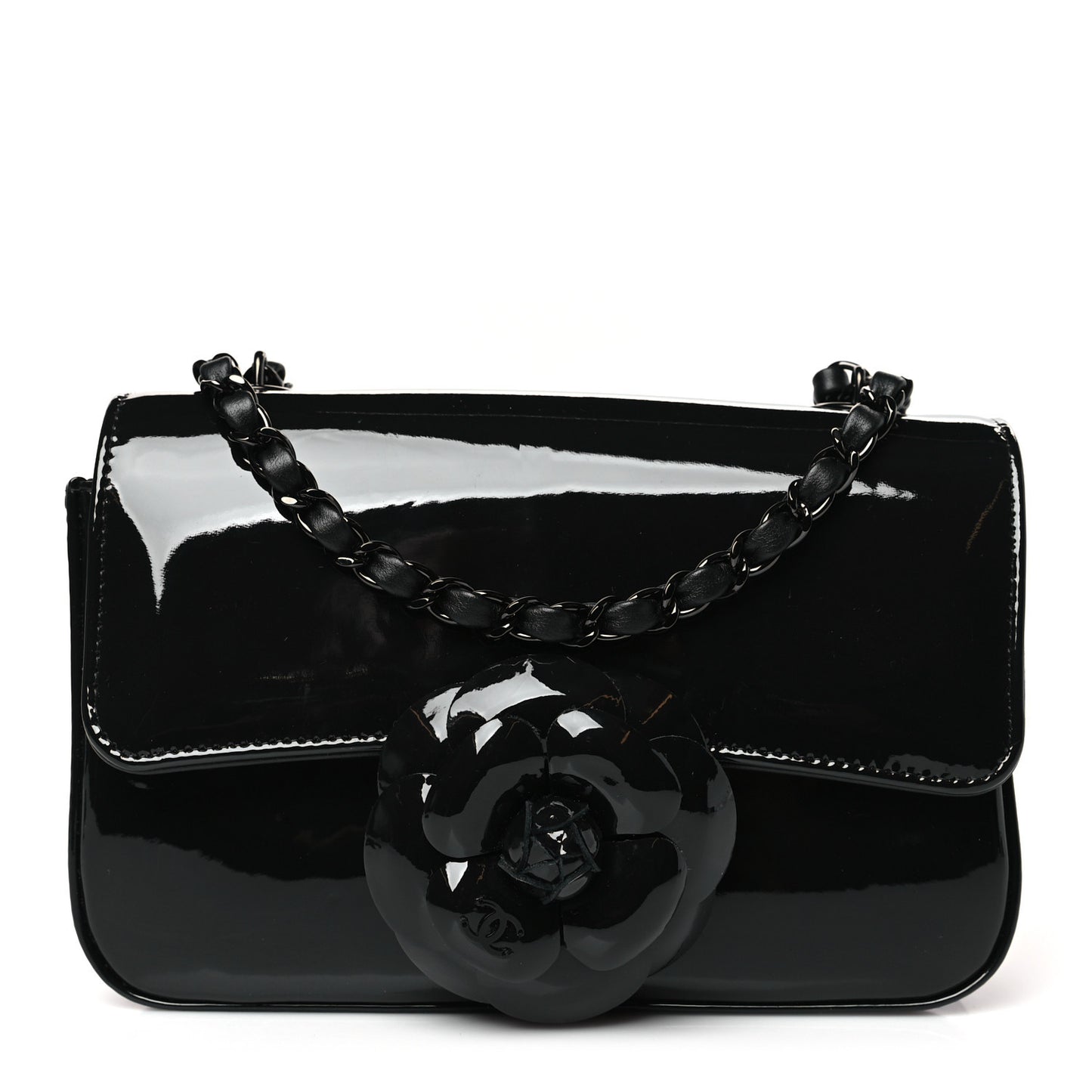 Patent Calfskin Small Camellia Flap Black