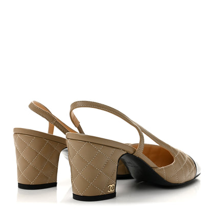 Chanel Lambskin Patent Calfskin Quilted Cap Toe CC Slingback Pumps 37.5 Beige Black 5 of 9