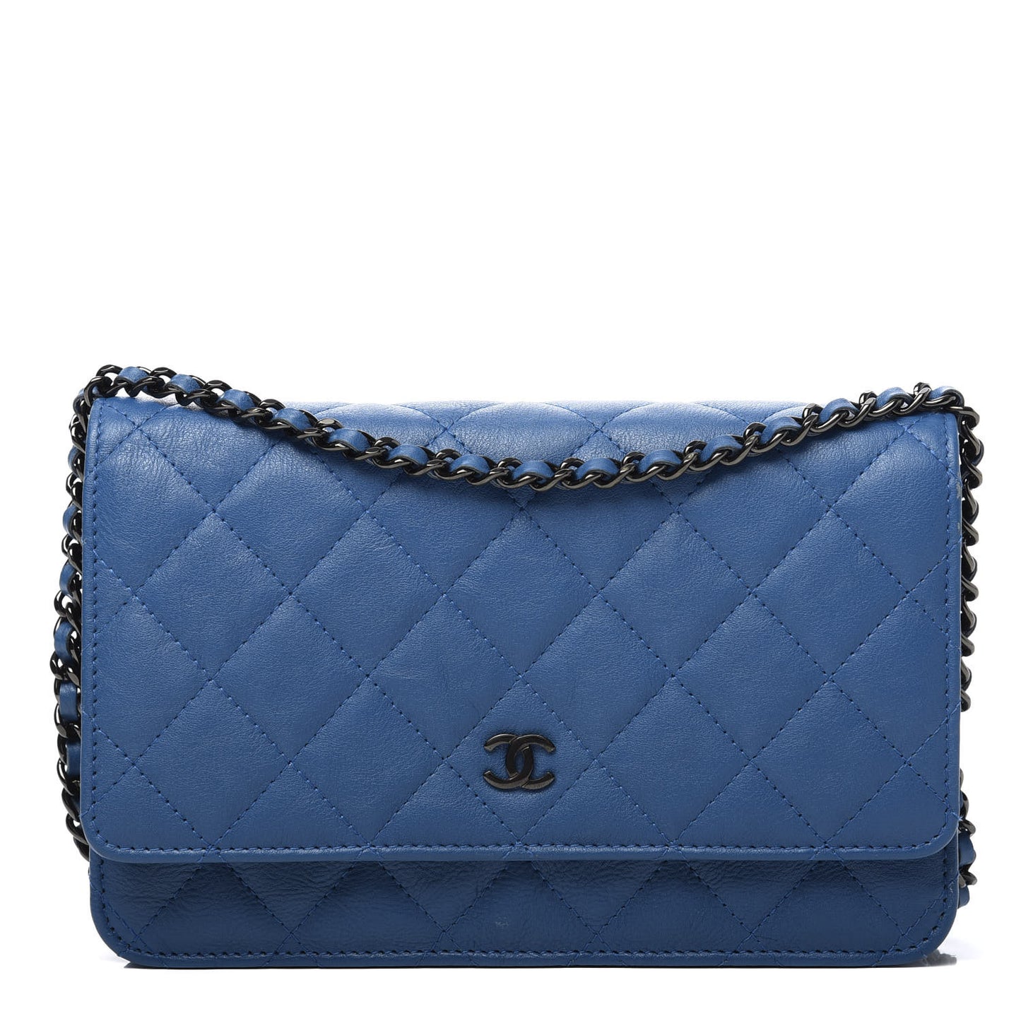 Calfskin Quilted Wallet On Chain WOC Blue