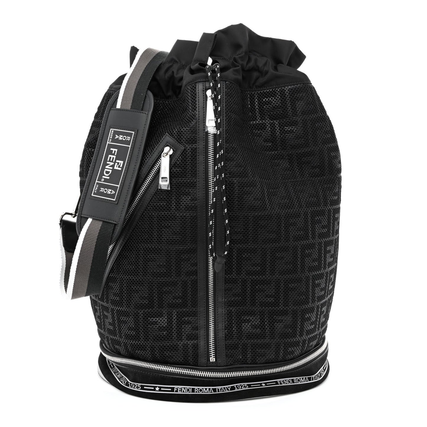 Mesh Cuoio Romano Vitello Stampa FF 1974 Embossed Logo Plate Mon Tresor Holdall Bag Black