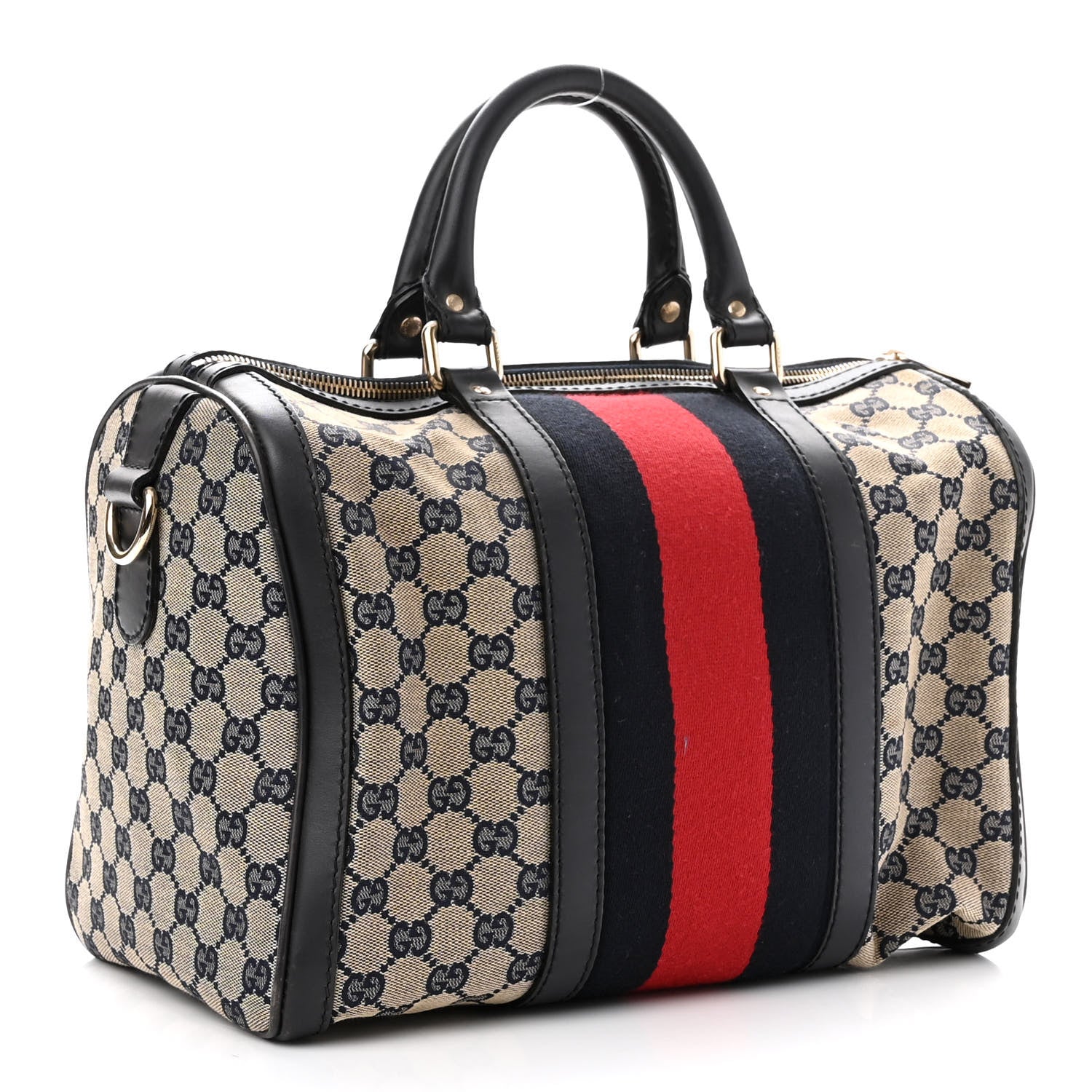Gucci Monogram Selleria Calfskin Vintage Web Medium Boston Beige Blue 2 of 10