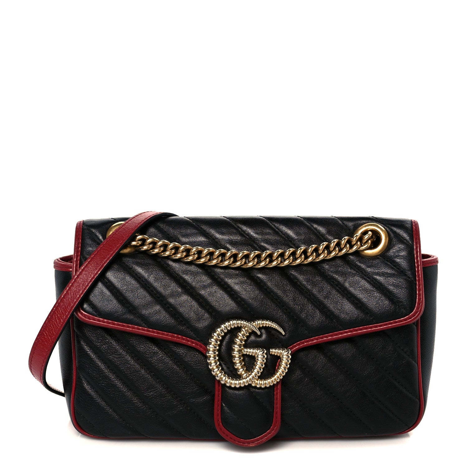 Gucci Vintage Effect Calfskin Matelasse Diagonal Small Torchon GG Marmont Shoulder Bag Black Romantic Cherry 1 of 11