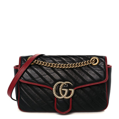 Gucci Vintage Effect Calfskin Matelasse Diagonal Small Torchon GG Marmont Shoulder Bag Black Romantic Cherry 1 of 11