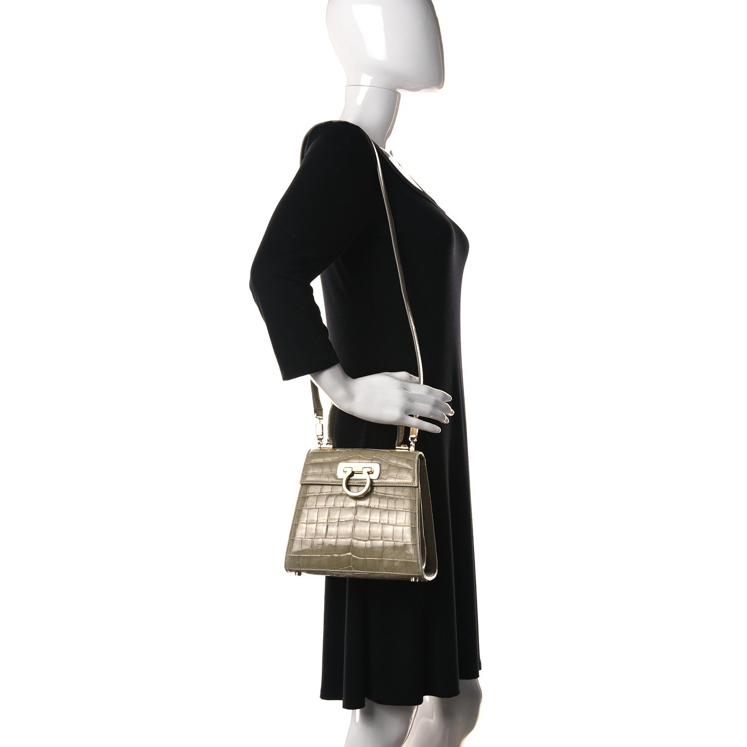 Salvatore Ferragamo Crocodile Gancini 2-Way Top Handle Bag Olive 2 of 13