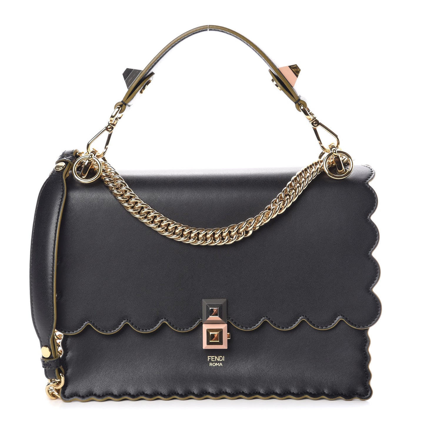 Vitello Liberty Scalloped Studded Kan I Shoulder Bag Black