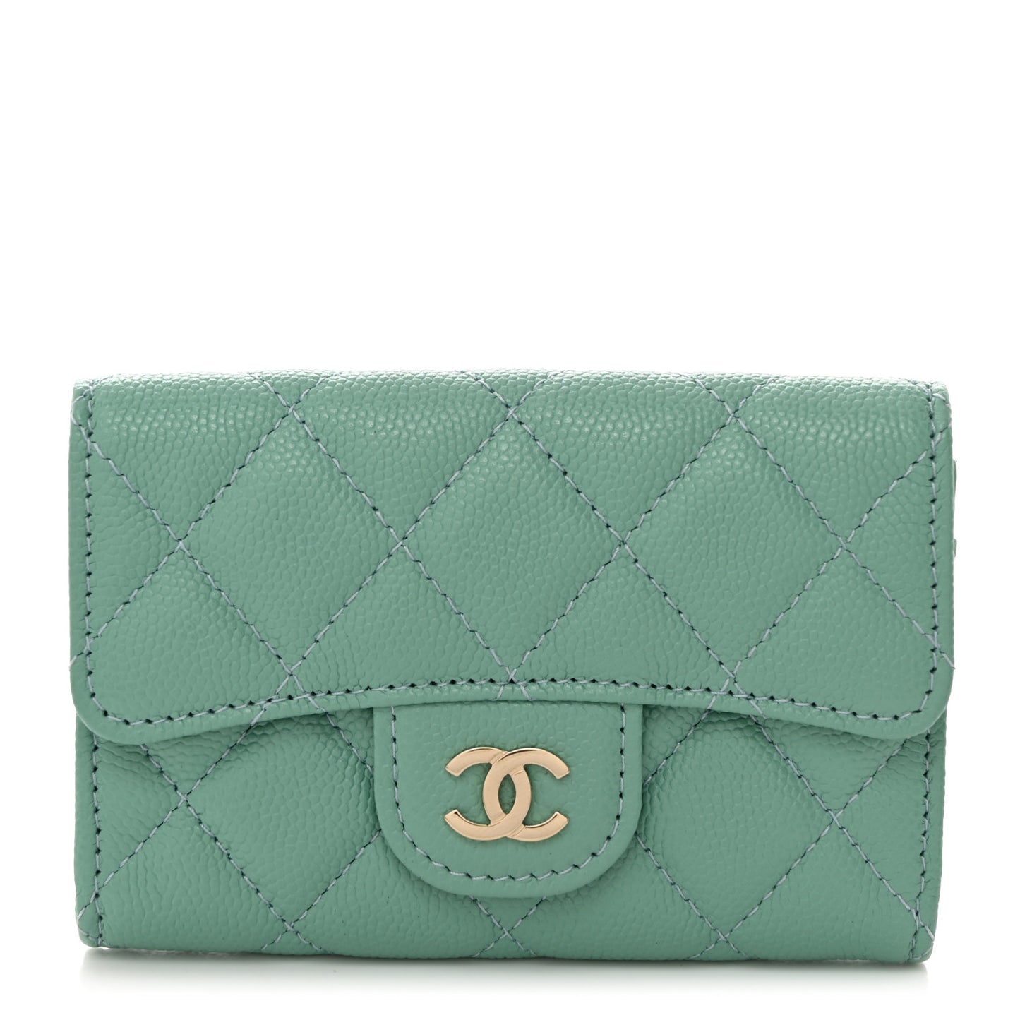 Caviar Quilted Flap Card Holder Wallet Light Green