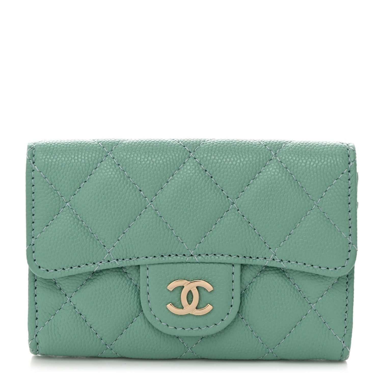 Chanel Caviar Quilted Flap Card Holder Wallet Light Green 1 of 8