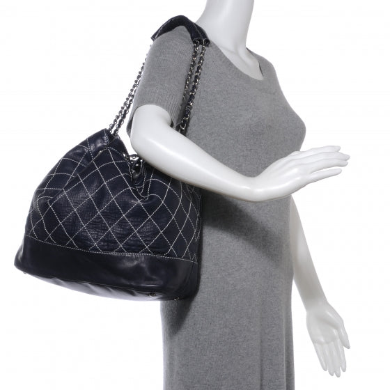 Chanel Leather Contrast Stitch Drawstring Tote Navy 2 of 8