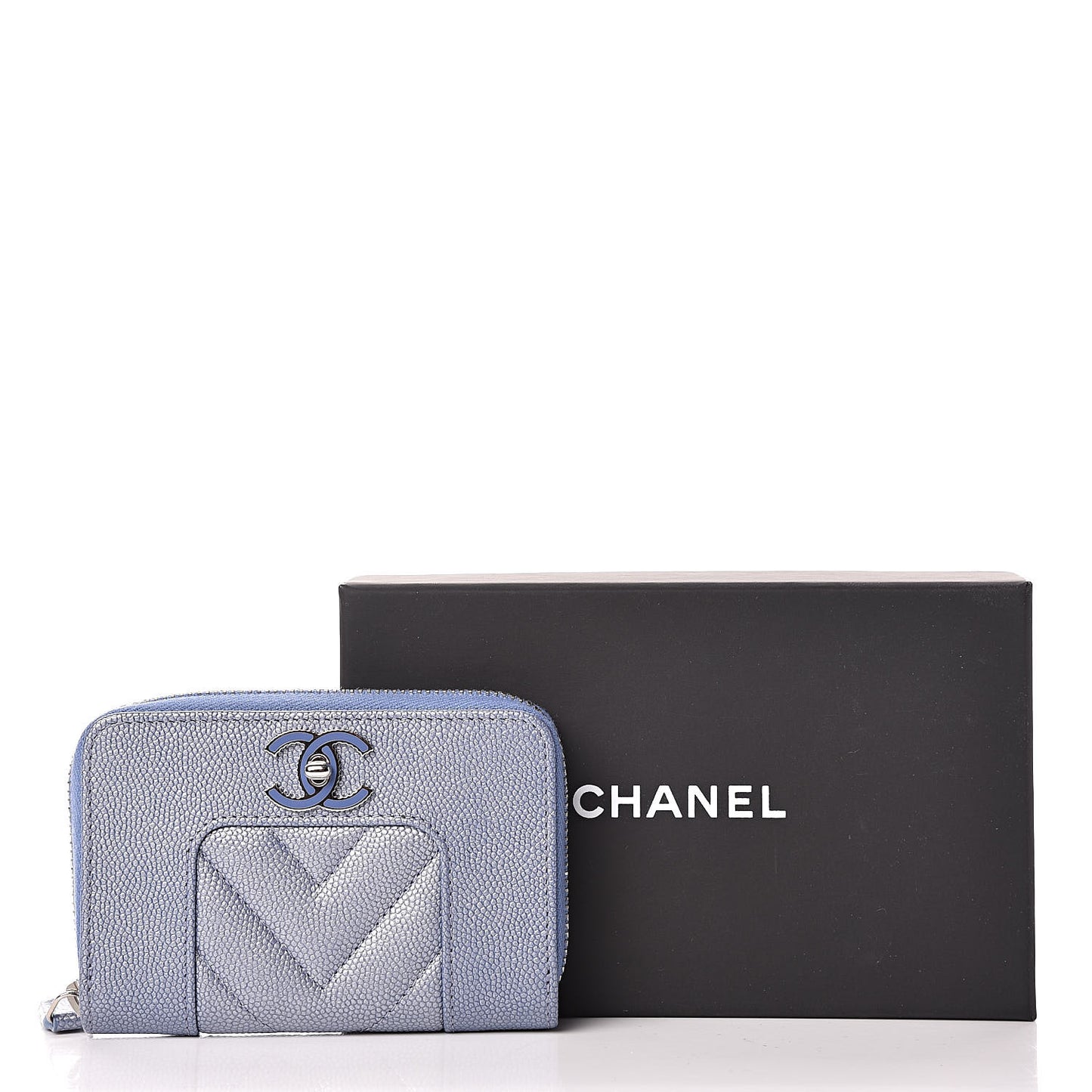 Metallic Caviar Chevron Quilted Vintage Mademoiselle Zip Coin Purse Light Blue