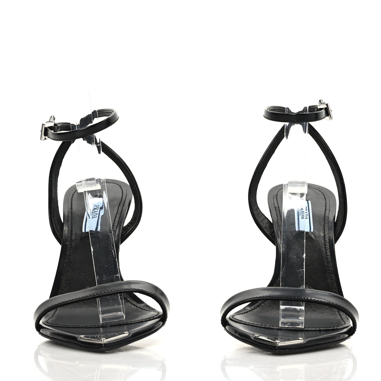 Prada Calfskin Metal Triangle Logo High Heels Sandals 38.5 Black 2 of 7