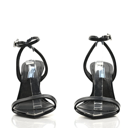 Prada Calfskin Metal Triangle Logo High Heels Sandals 38.5 Black 2 of 7