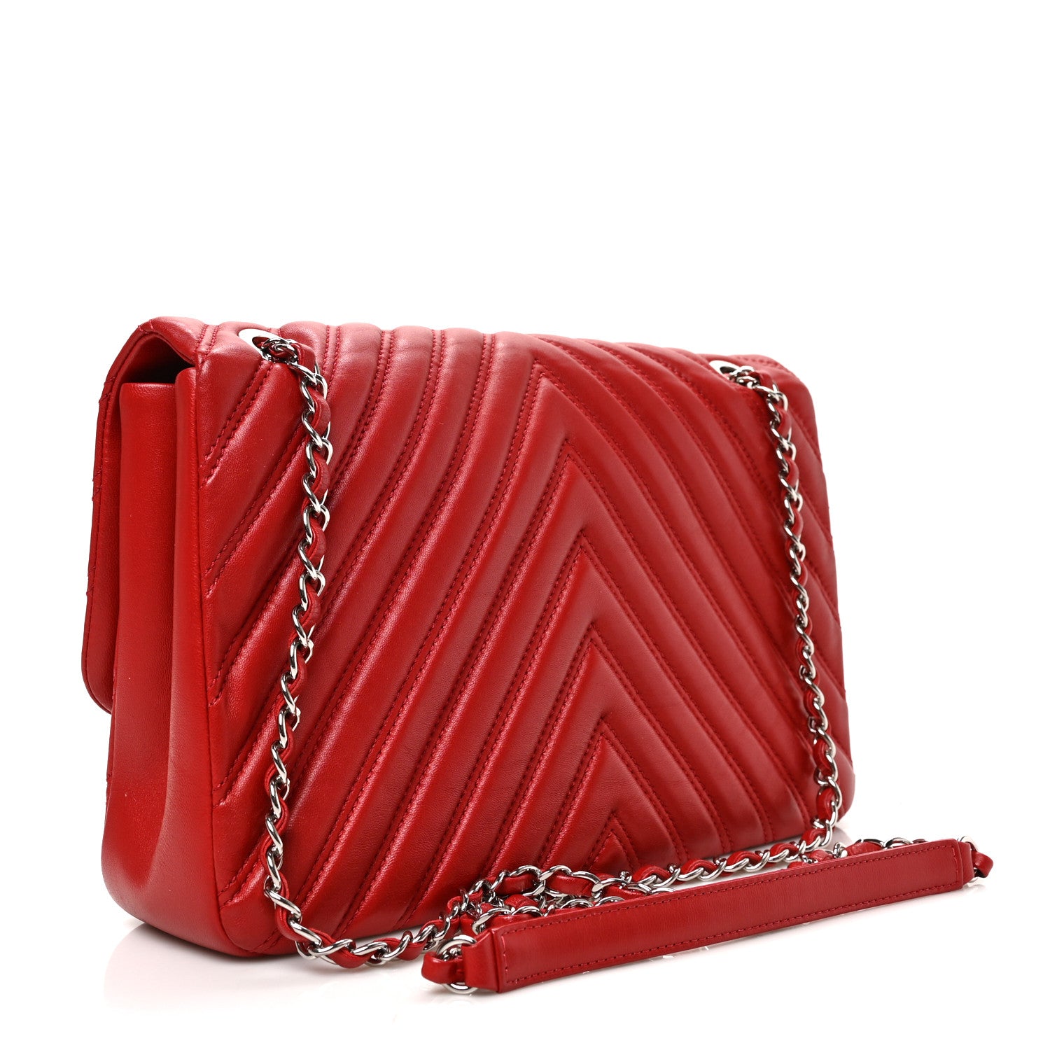 Chanel Lambskin Chevron Double Stitch Jumbo Single Flap Red 3 of 9