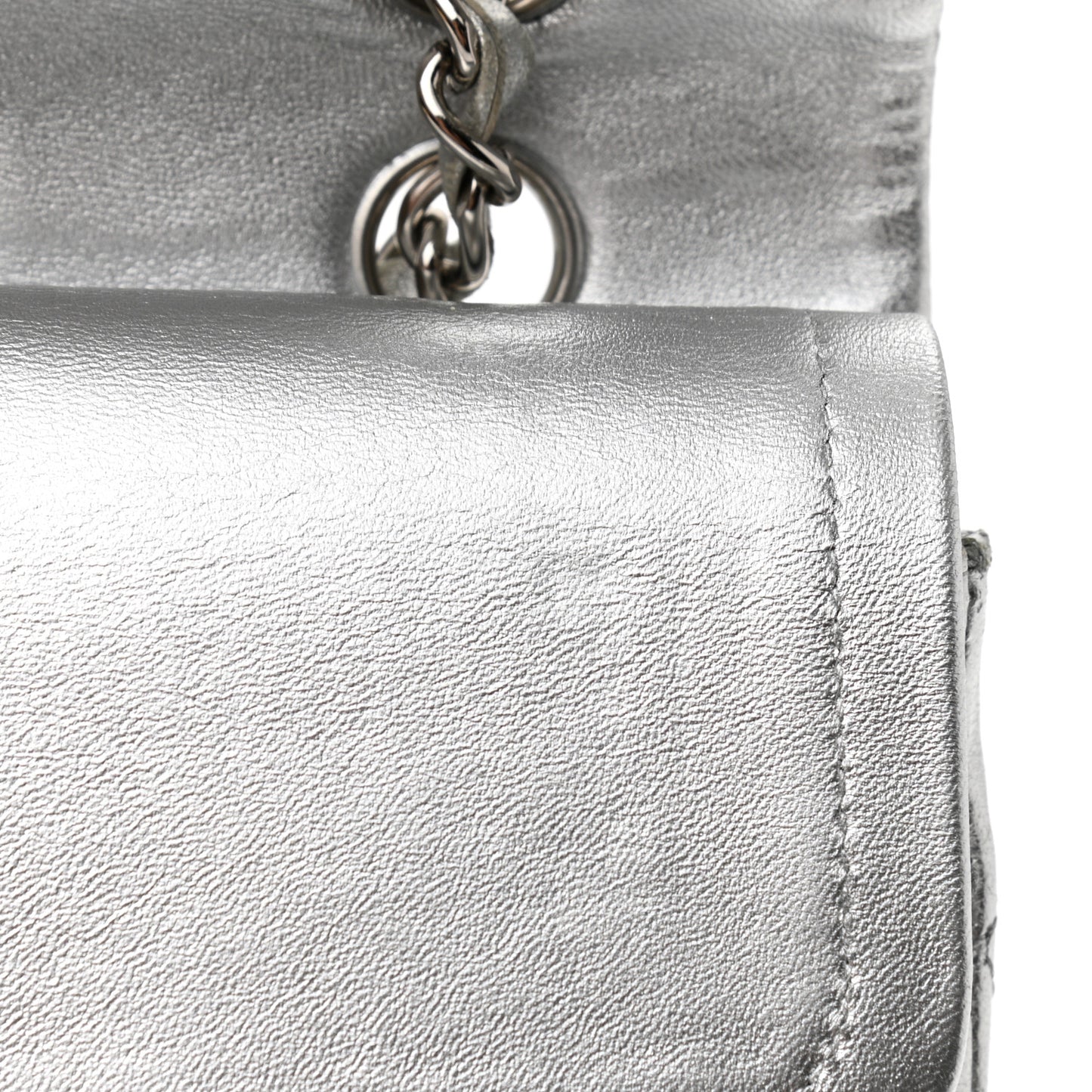 Metallic Lambskin Quilted Medium Double Flap Silver