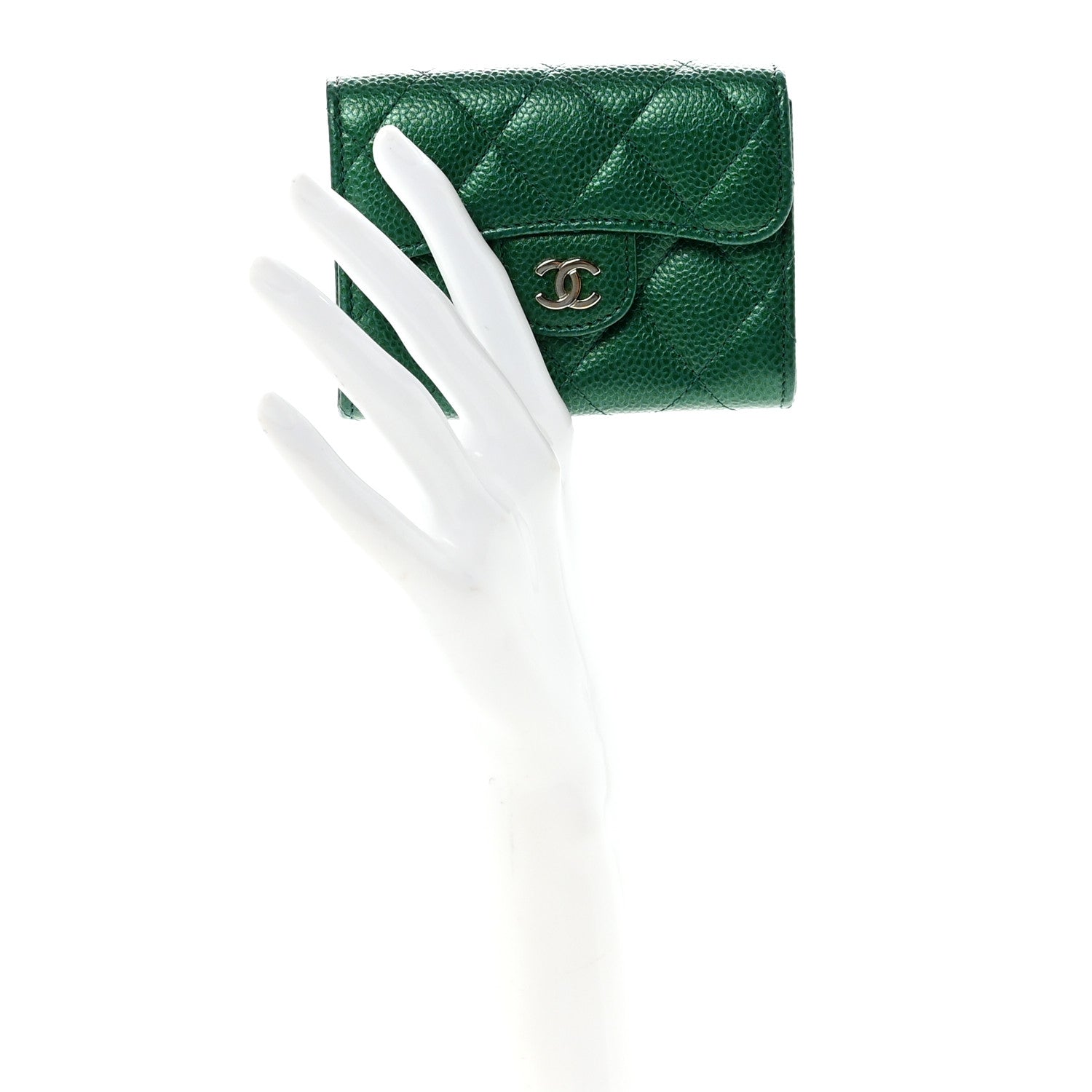 Chanel Metallic Caviar Quilted Flap Card Holder Wallet Green 2 of 8