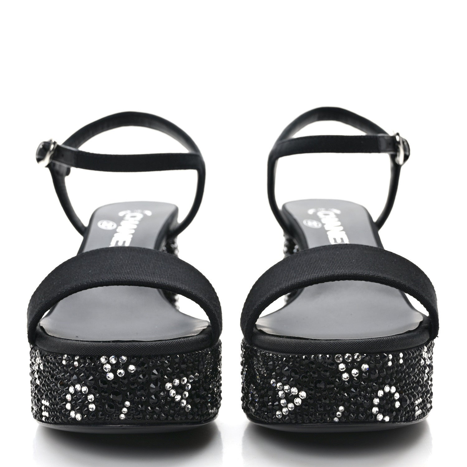 Chanel Grosgrain Strass Logo Platform Sandals 36.5 Black Silver