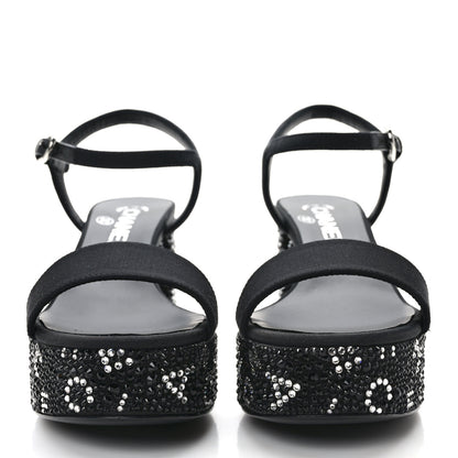 Chanel Grosgrain Strass Logo Platform Sandals 36.5 Black Silver 2 of 7