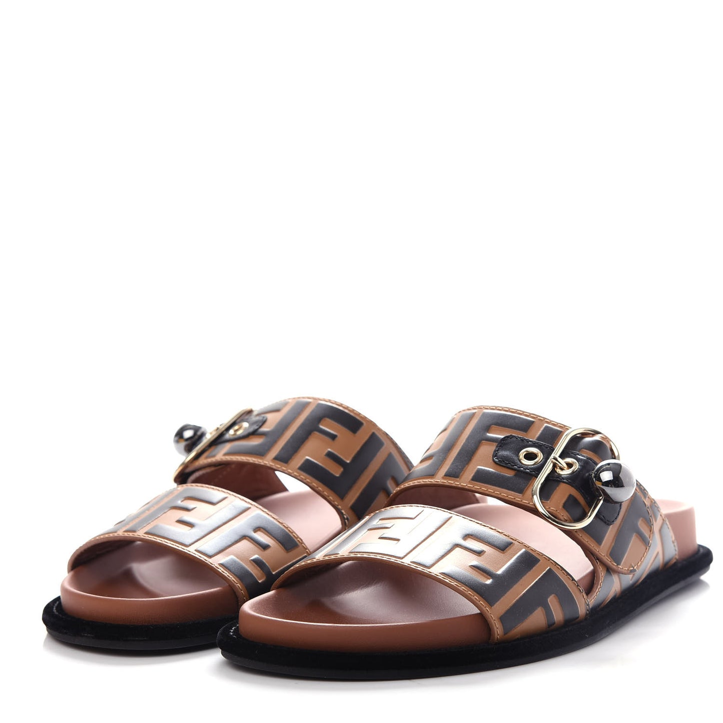Calfskin FF Embossed Pearland Slide Sandals 37 Tobacco Moro