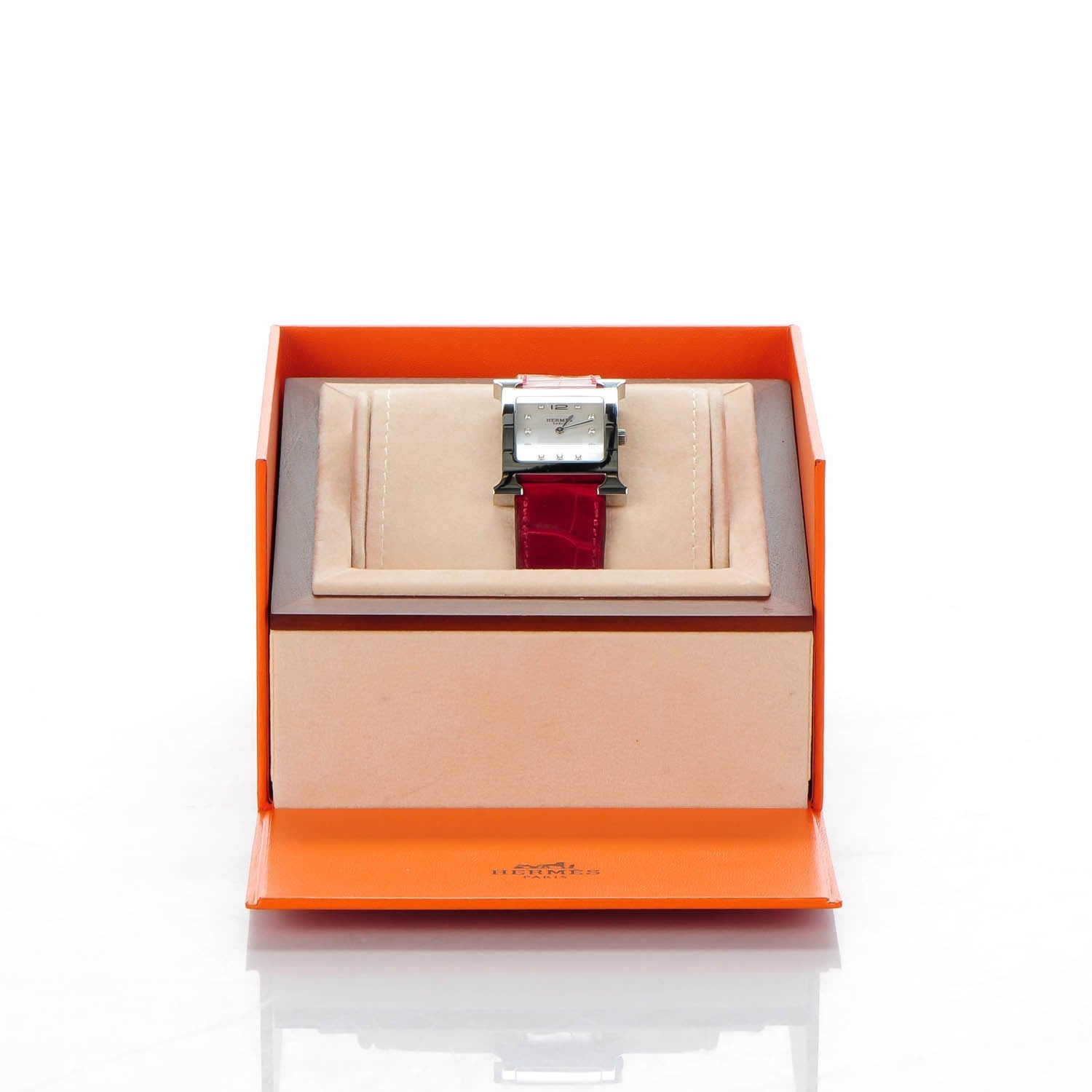 Hermes Stainless Steel Alligator Diamond 26mm Heure H Hour Quartz Watch Rouge Casaque 8 of 8