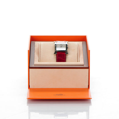 Hermes Stainless Steel Alligator Diamond 26mm Heure H Hour Quartz Watch Rouge Casaque 8 of 8