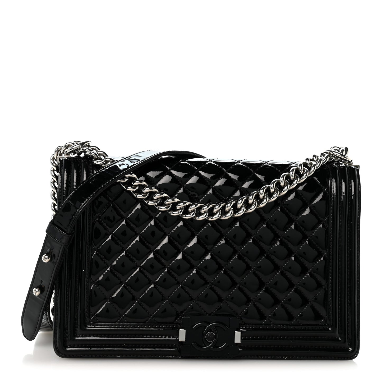 Patent Calfskin Quilted New Medium Plexiglass Boy Flap Black