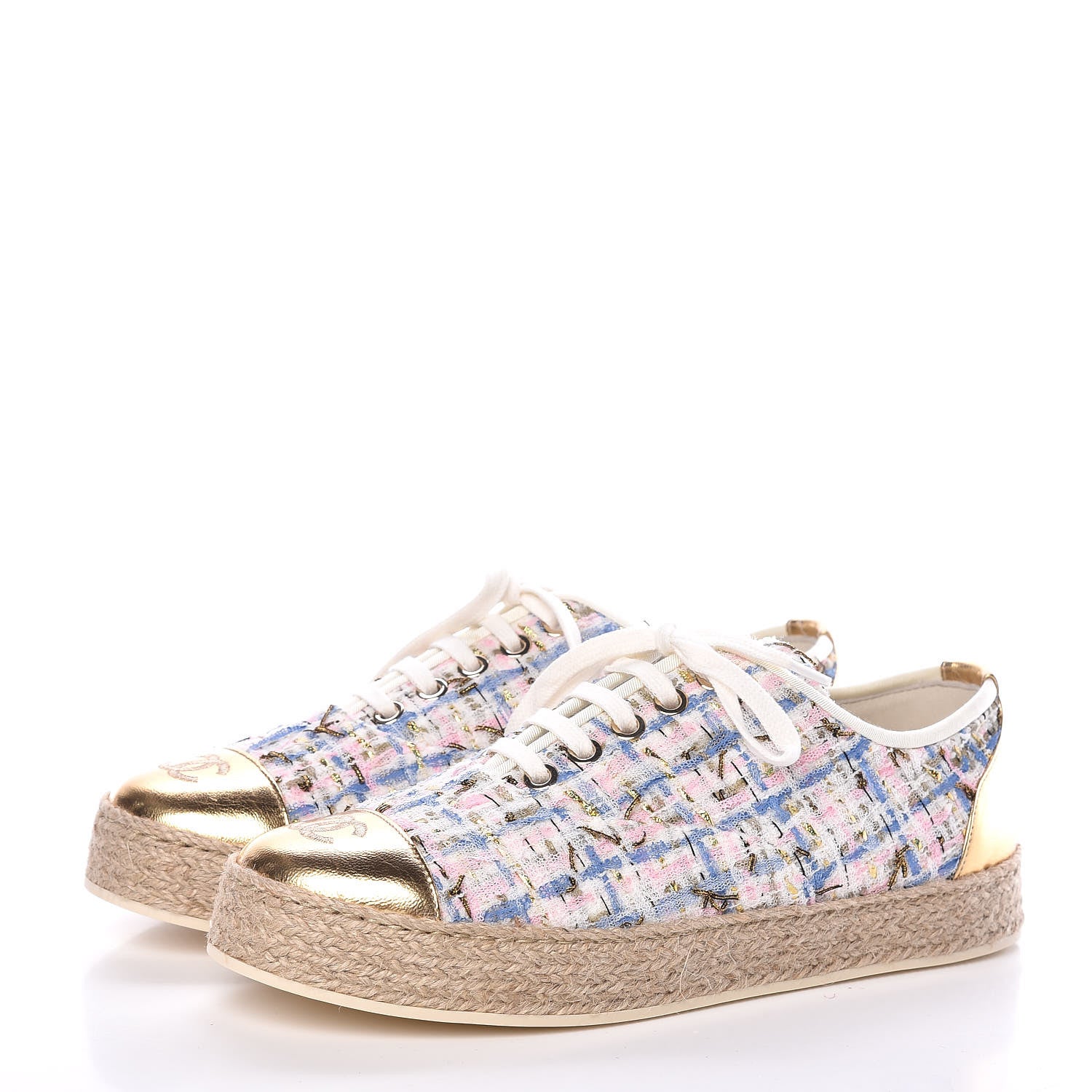 Chanel Tweed Laminated Lambskin Lace Up Espadrilles 37 Pink Blue Gold White 3 of 8