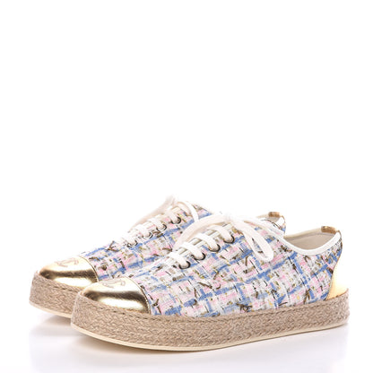 Chanel Tweed Laminated Lambskin Lace Up Espadrilles 37 Pink Blue Gold White 3 of 8