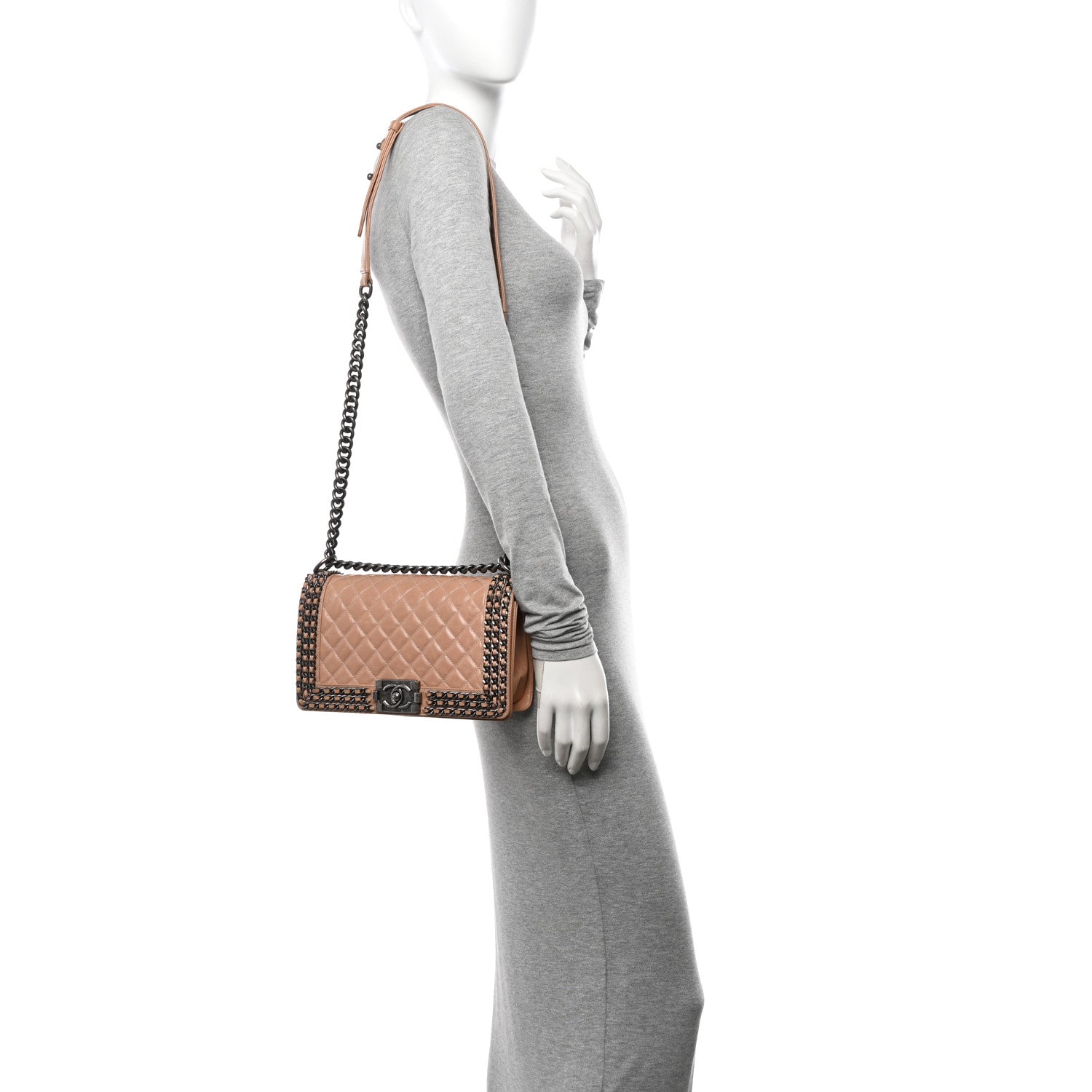 Chanel Glazed Calfskin Quilted Medium Boy Chained Flap Beige 2 of 13