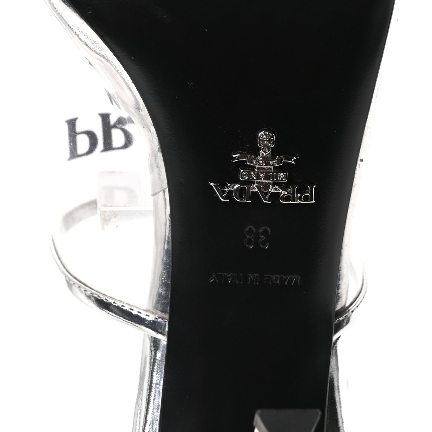 Plexiglass Metallic Calfskin Metal Triangle Logo 75mm Slide Sandals 38 Argento