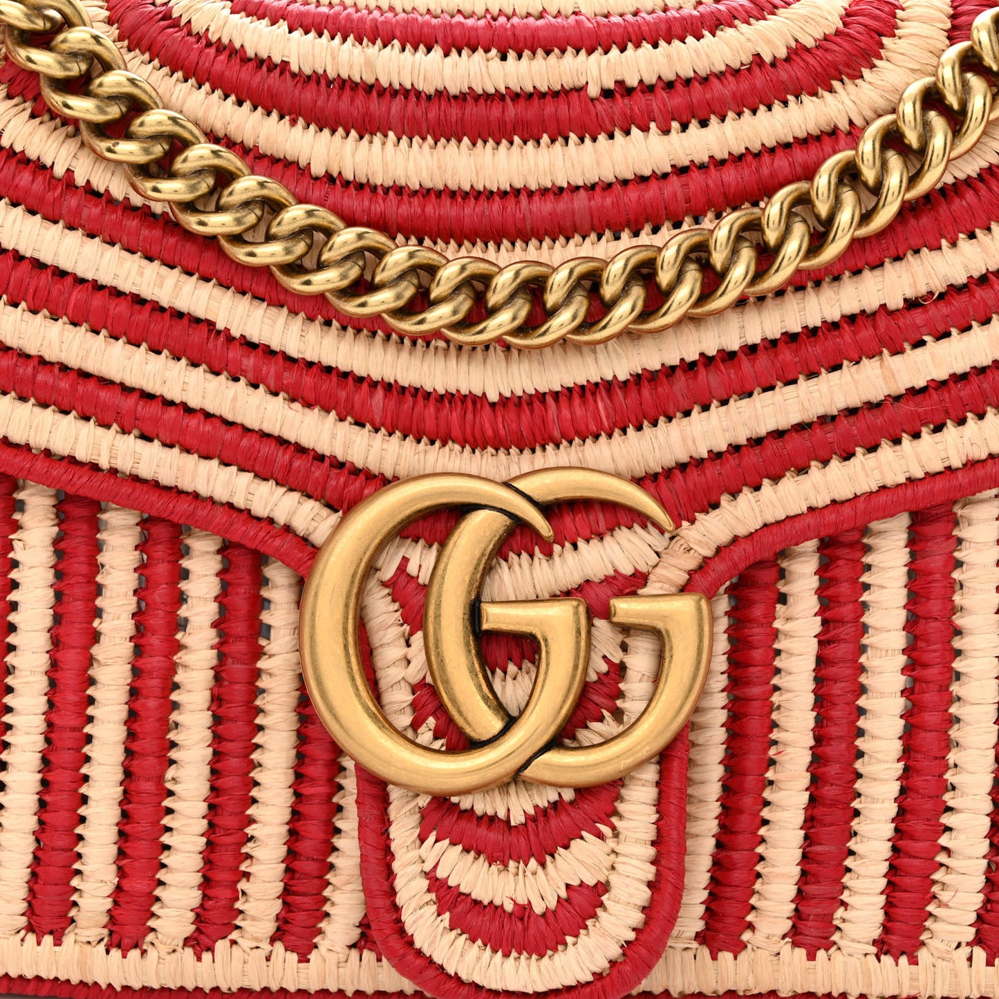 Raffia Woven Small GG Marmont Shoulder Bag Natural Hibiscus Red