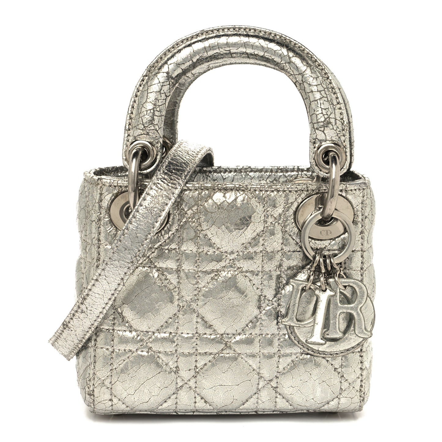 Metallic Crinkled Calfskin Cannage Micro Lady Dior Silver