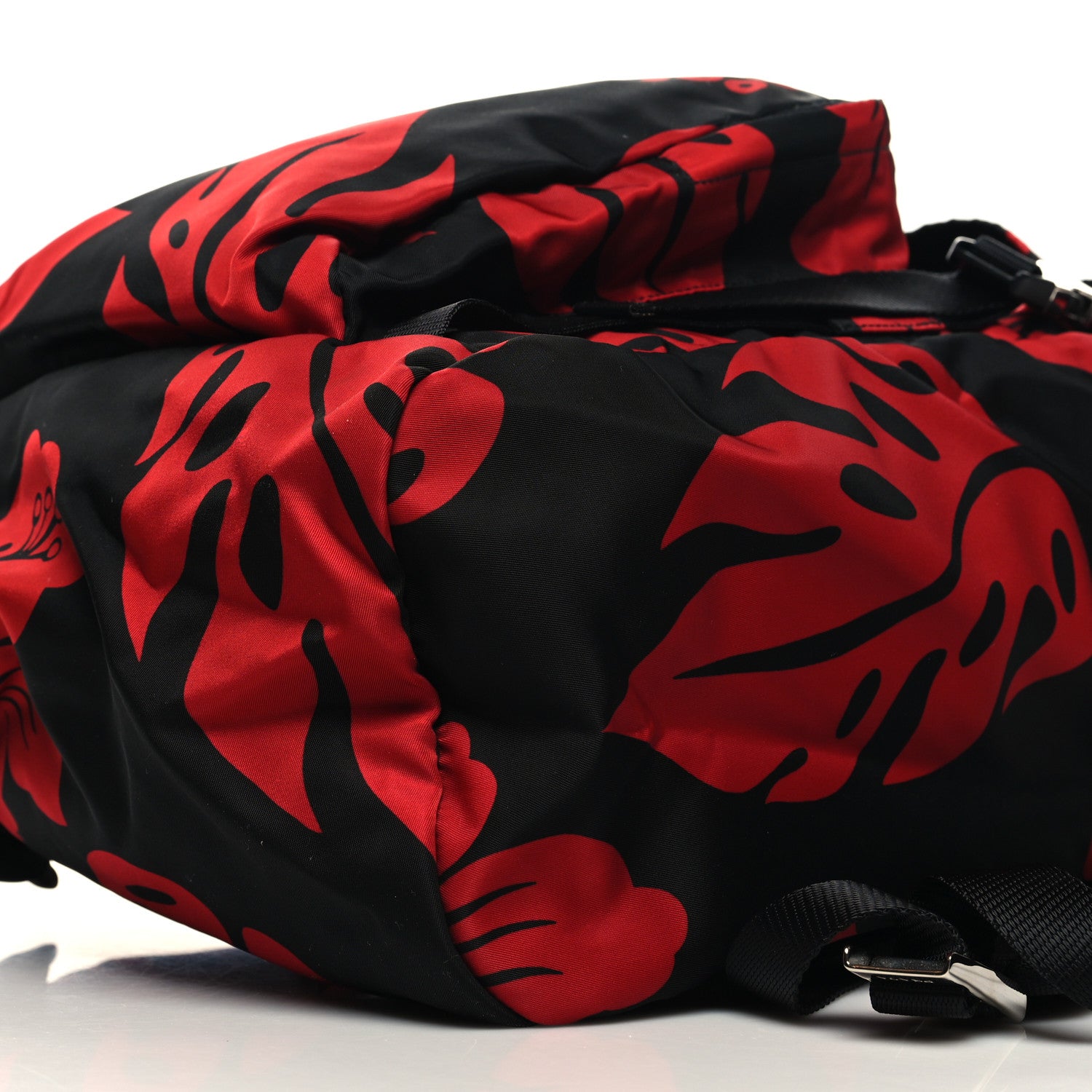 Prada Tessuto Hibiscus Print Double Buckle Backpack Black Rosso 9 of 9