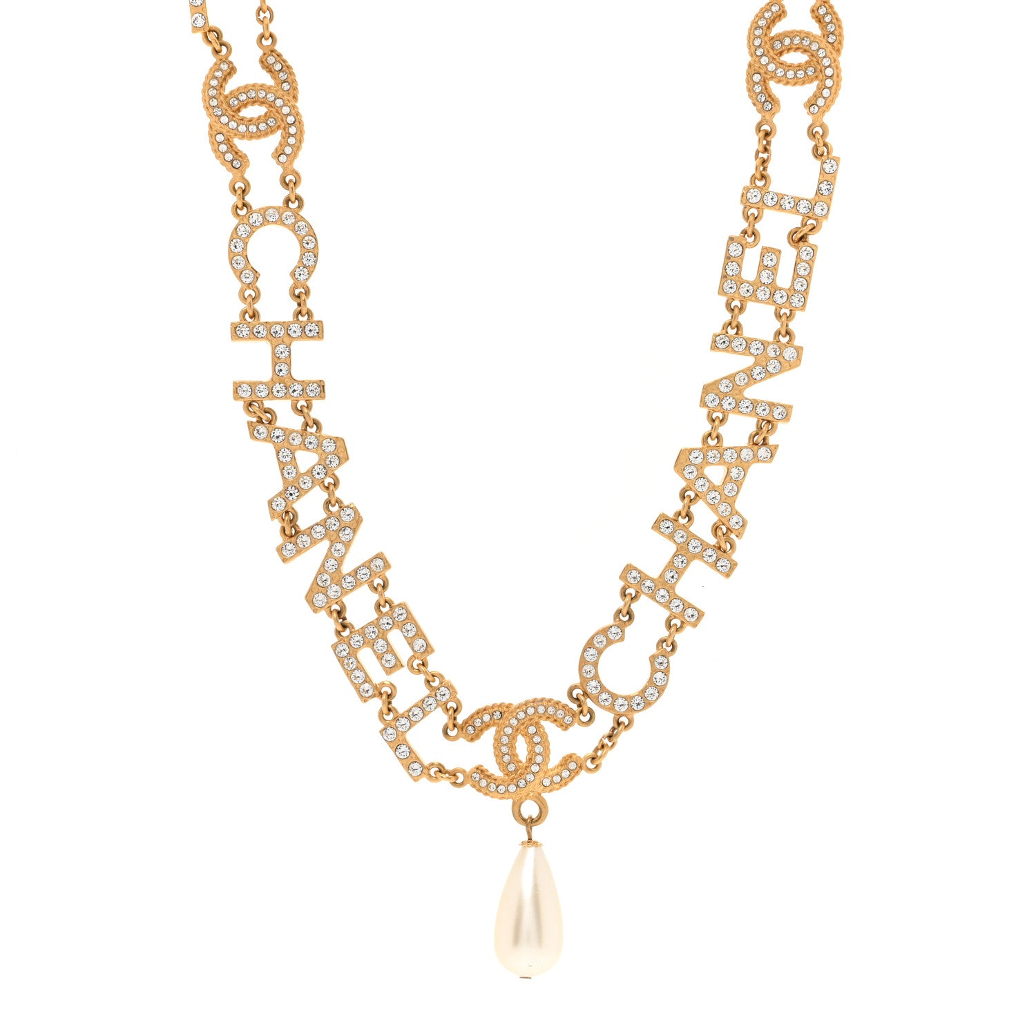 Chanel Metal Crystal Pearl Logo CC Necklace Gold 1 of 5