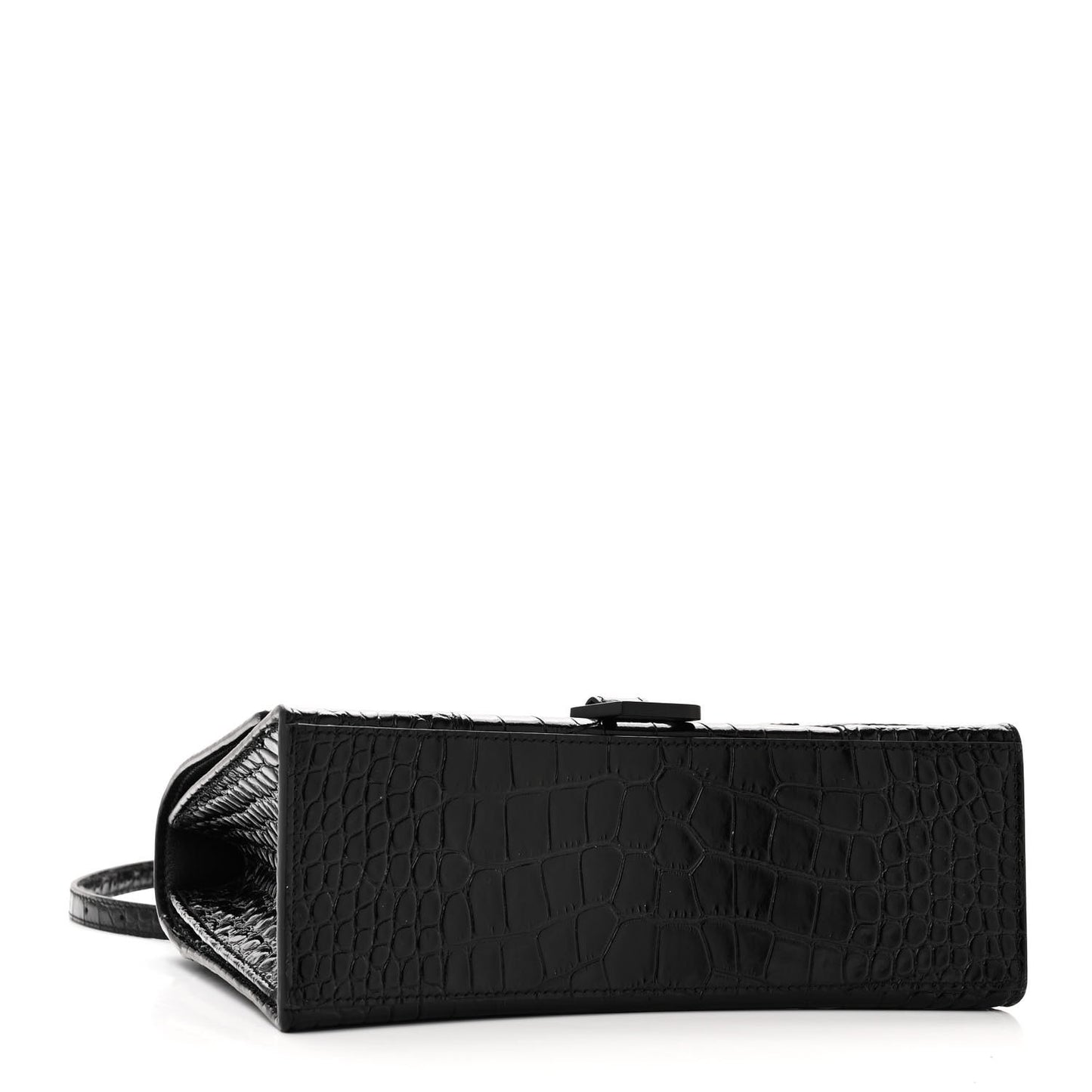 Shiny Calfskin Monochrome Crocodile Embossed Medium Hourglass Top Handle Bag Black