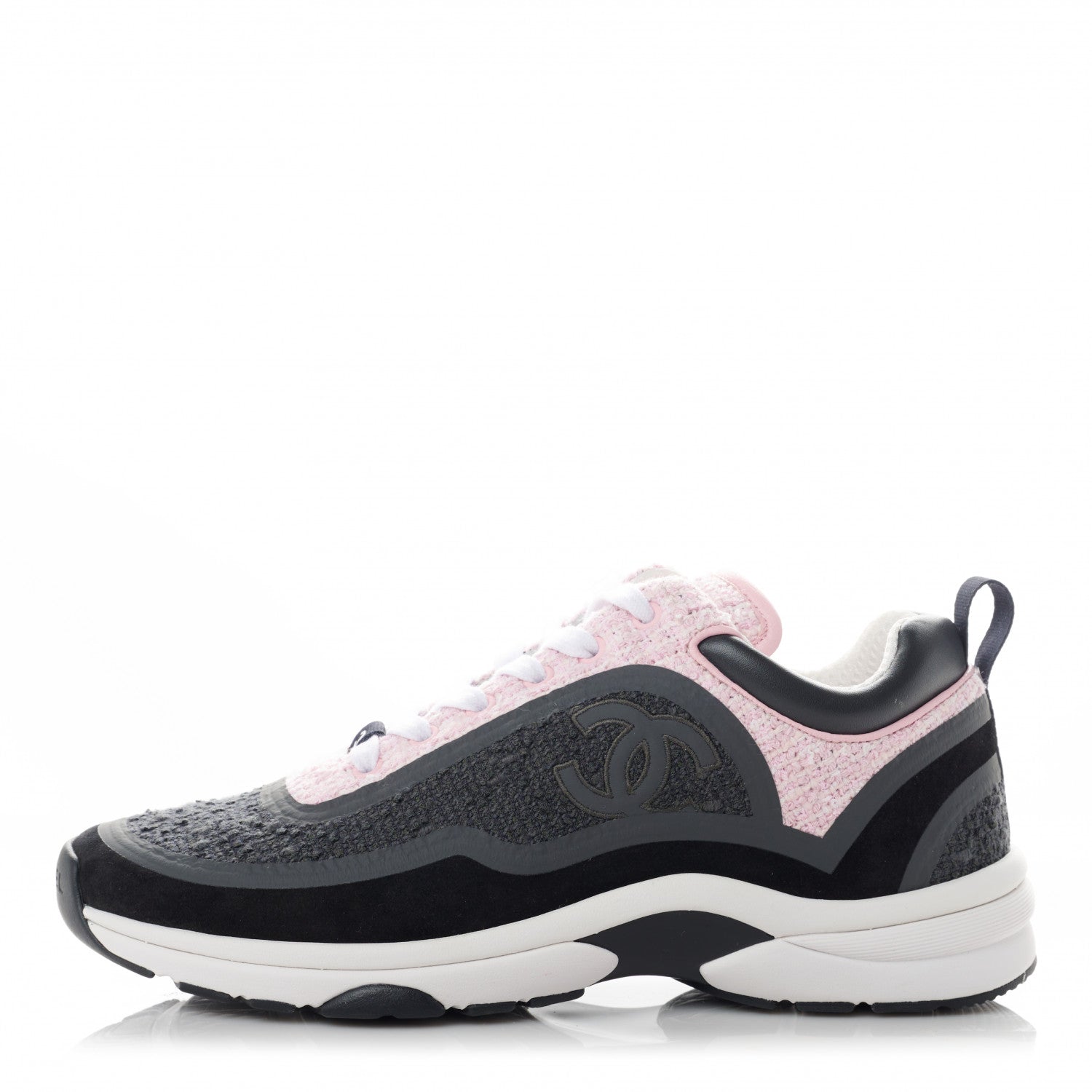 Chanel Tweed Suede Calfskin CC Sneakers 38.5 Gray Pink 1 of 8