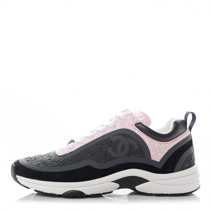 Chanel Tweed Suede Calfskin CC Sneakers 38.5 Gray Pink 1 of 8