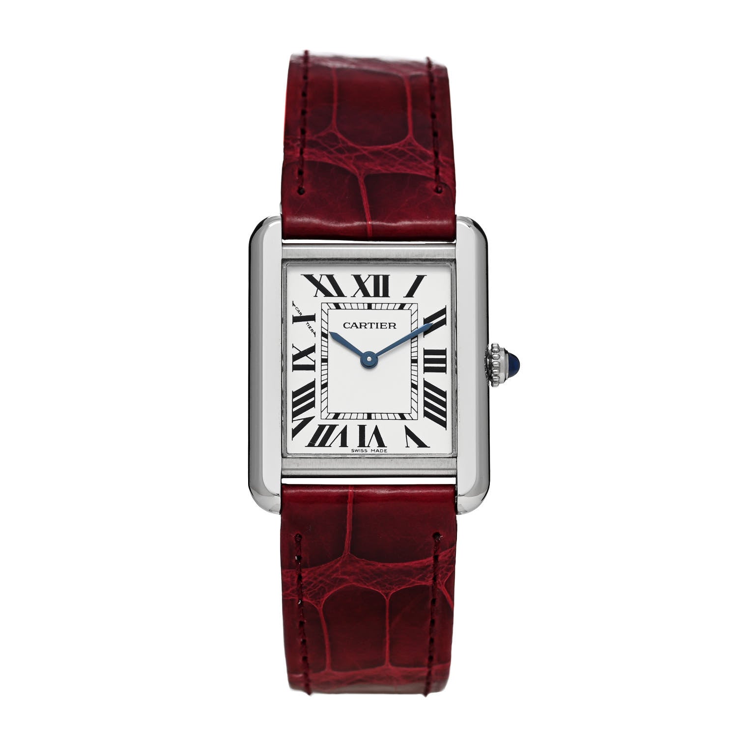 Cartier Stainless Steel Alligator 24mm Tank Solo Quartz Watch Burgundy 1 of 4
