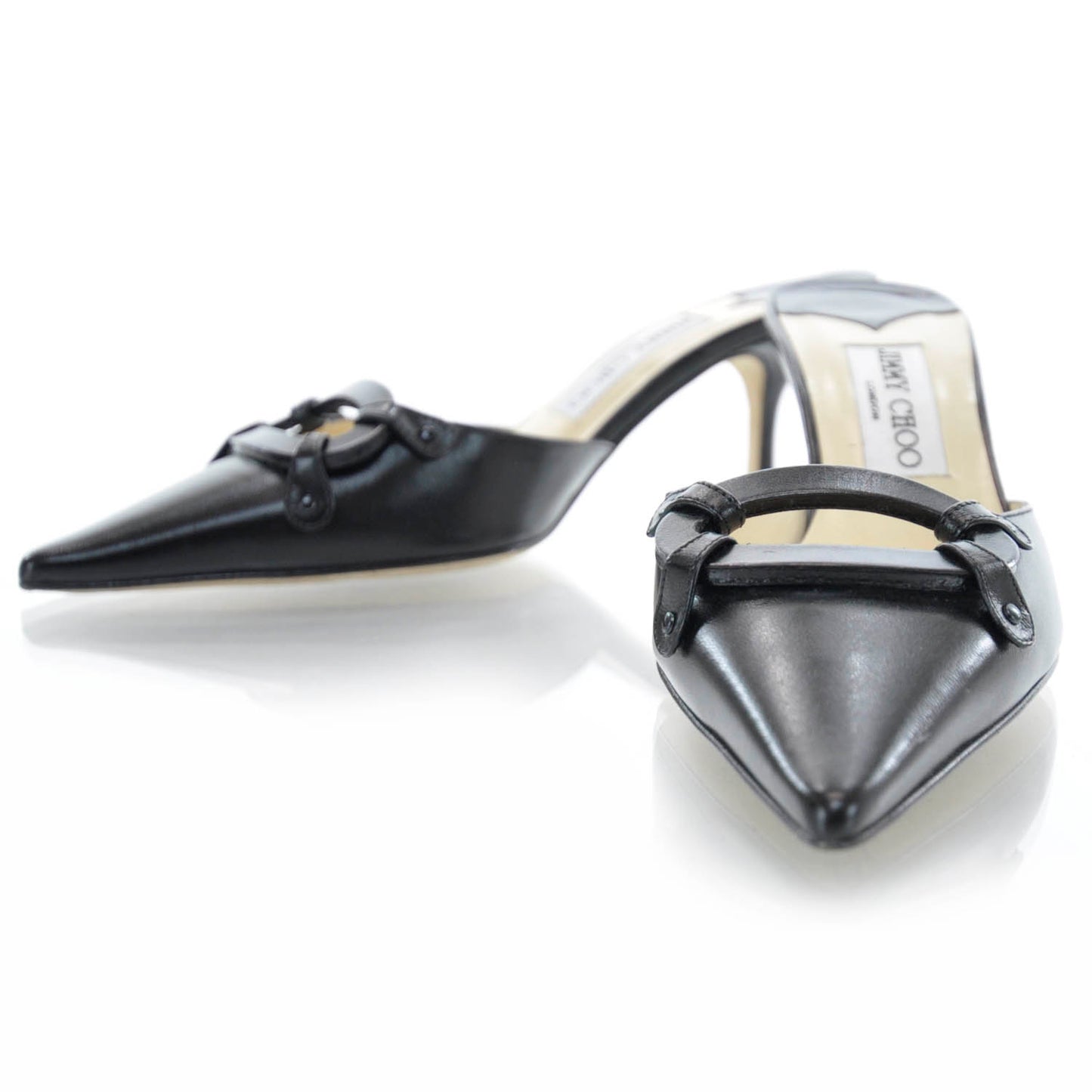 Leather Kitten Heels Slides 37 Black
