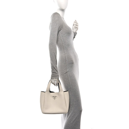 Prada Vitello Daino Soft Medium Dynamique Tote White Black 2 of 14