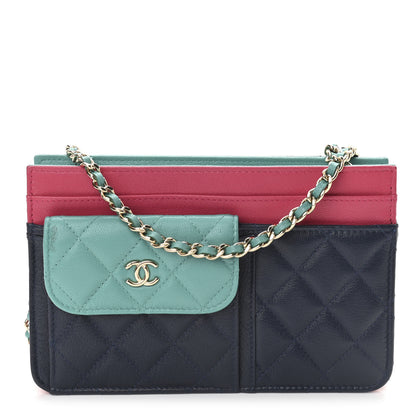 Chanel Goatskin Quilted Tri-Color In & Out Chain Wallet Navy Turquoise Pink 1 of 12