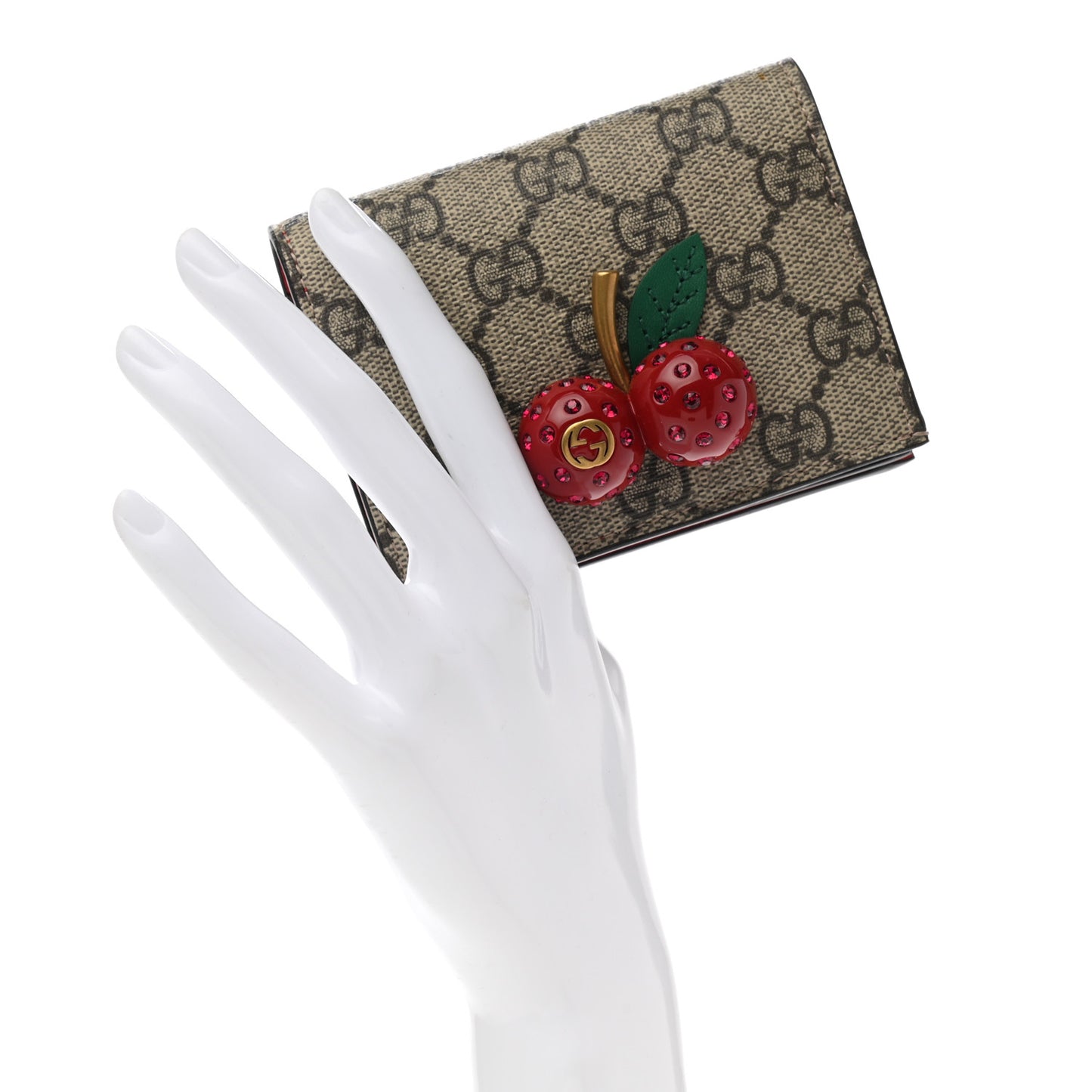 GG Supreme Monogram Cherry Embellished Card Case Wallet Hibiscus Red