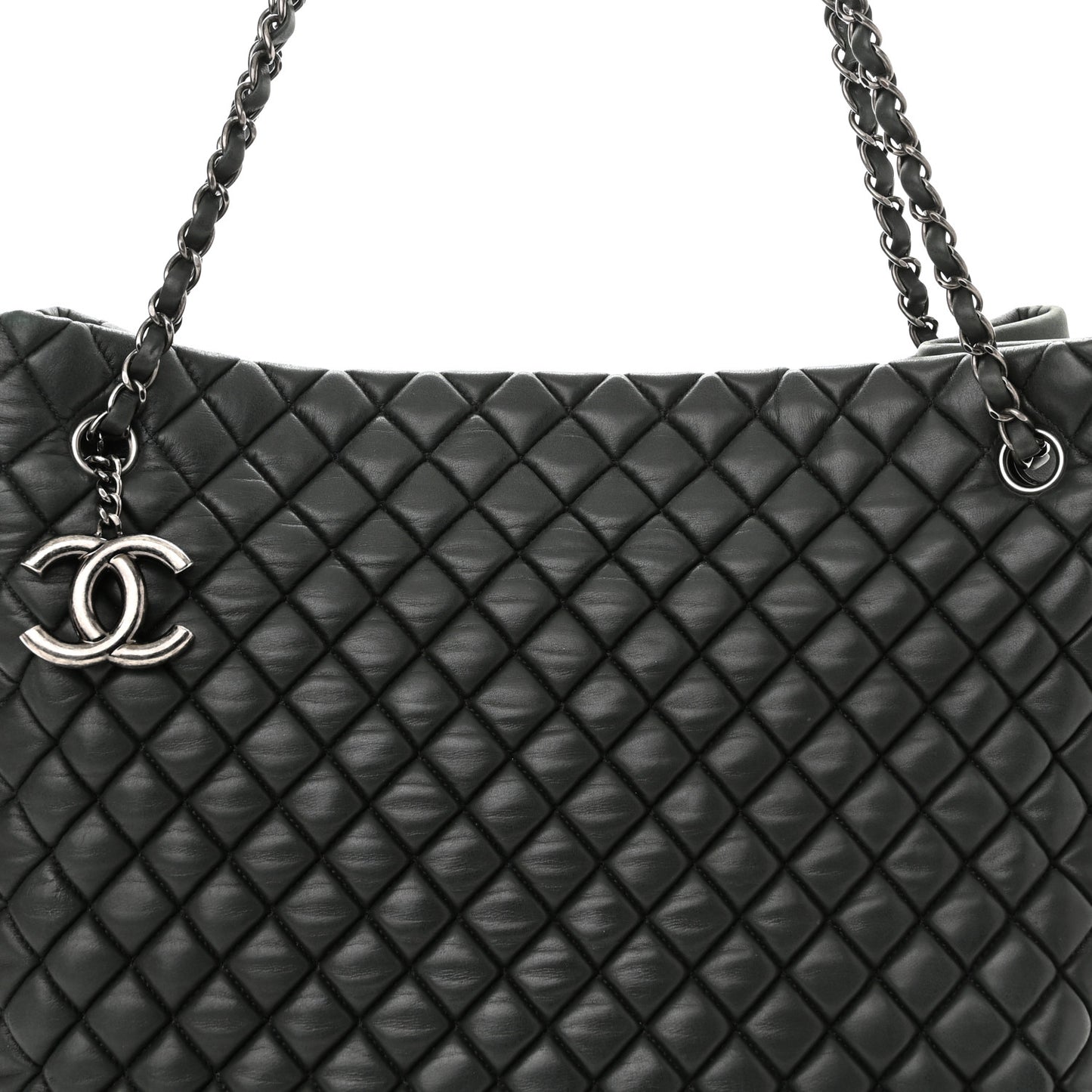 Iridescent Calfskin Quilted New Bubble North South Tote Dark Green