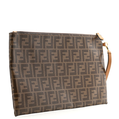 Fendi Glazed Fabric Vitello Century FF 1974 Stamp Patch Large Flat Pouch Mogano Panna Caramello 3 of 11
