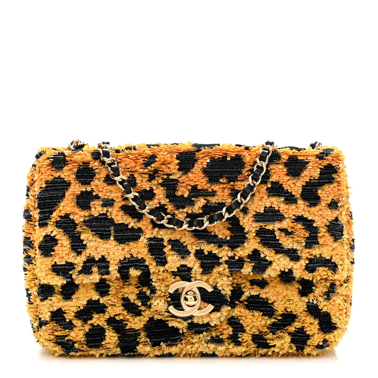 Chanel Sequin Mixed Fibers Leopard Print Mini Rectangular Flap Black Orange 1 of 11